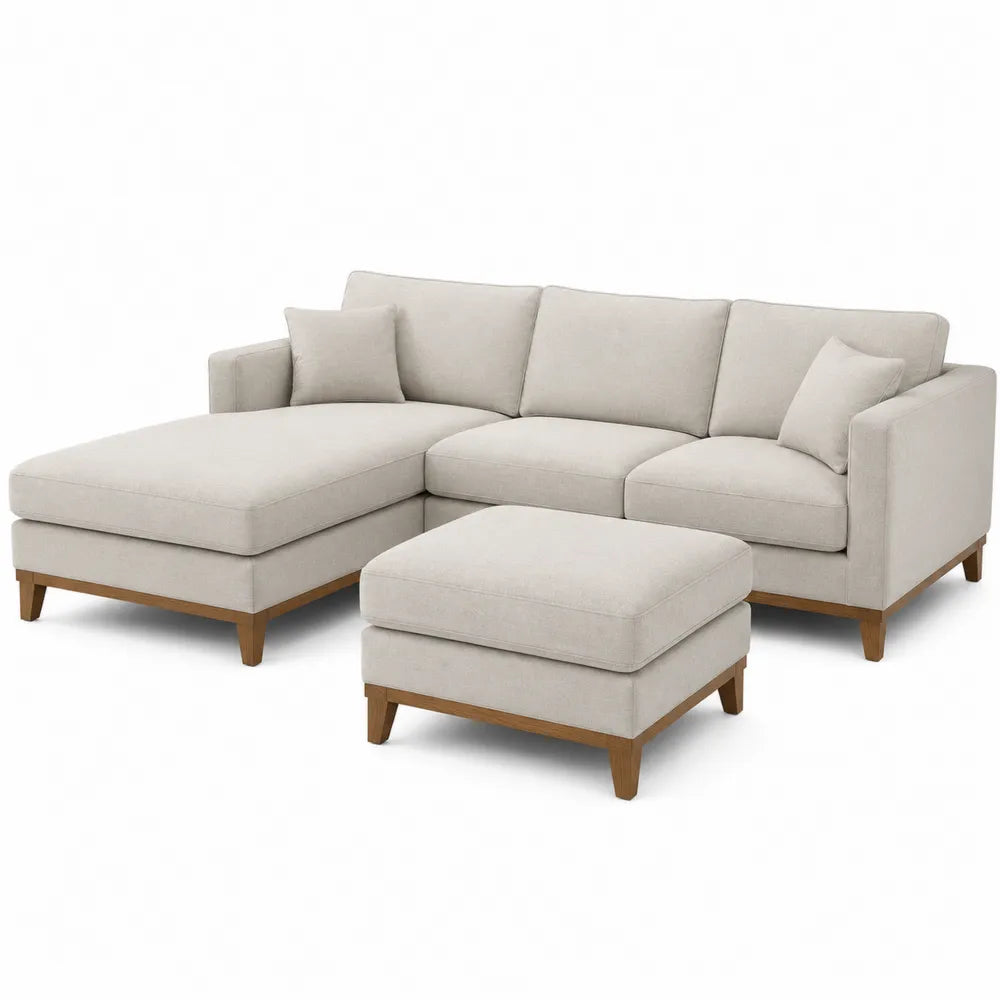 Narożna sofa modułowa L z pufą z tkaniny poliestrowej kremowa