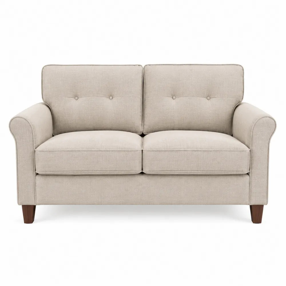 Dwuosobowa sofa z lnu z drewnianymi nogami, beżowa