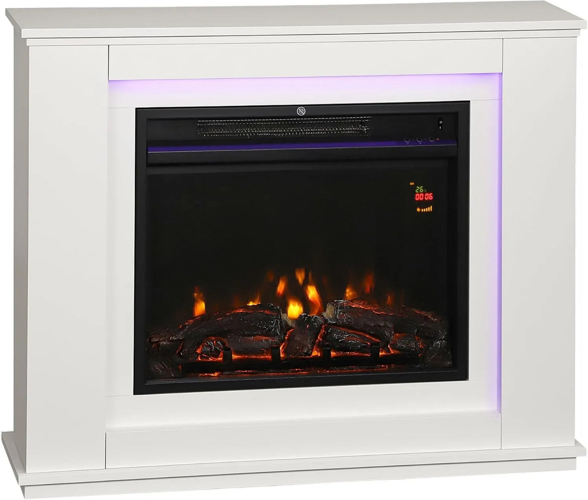 HOMCOM kominek elektryczny, 1000 W / 2000 W Zegar, Fałszywy kominek dekoracyjny, Kominek efekt płomienia elektrycznego 12 Kolory biały, 5 Jasności Regulowane, Do 30 m², Płaszcz 1000 W/2000 W