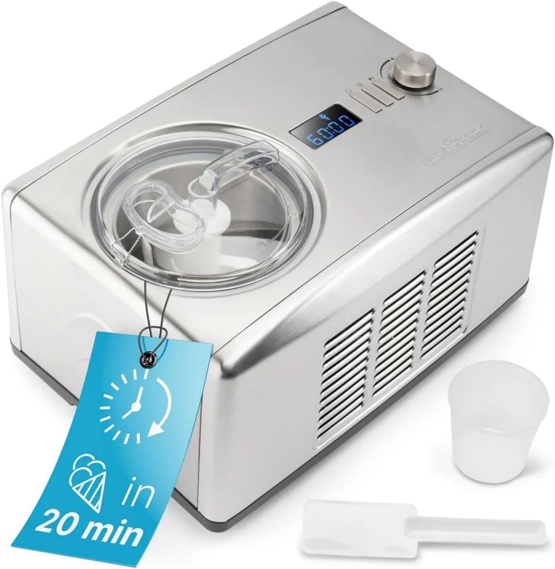 Kostkarka do lodu, 20 min, 1500 ml, ProfiCook maszyna do lodów i jogurtu w jednym, maszyna do lodów z kompresorem, do lodów i mrożonego jogurtu