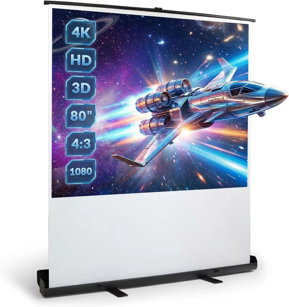 Todeco, Ekran do odciągania produktów, Ekran projekcyjny do projekcji 80 cali, biały, 1: 1, 4K, 4: 3, 16: 9, 3D, kompatybilny z Full HD, regulowana wysokość