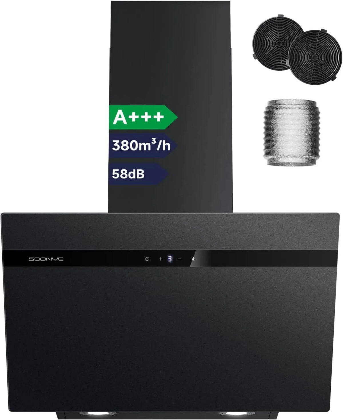 Soonye okap kuchenny, Okap próżniowy, 60 cm, 380m3 / h, klasa energetyczna A, przechył, ewakuacja i recykling, montaż ścienny, dotyk, czarny m3/h