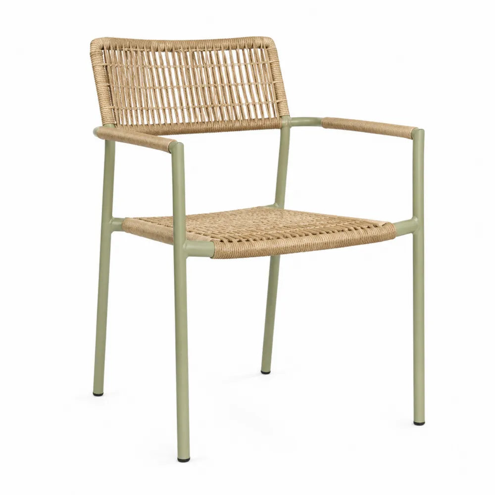 Krzesło ogrodowe z podłokietnikami metal rattan beżowy zielony