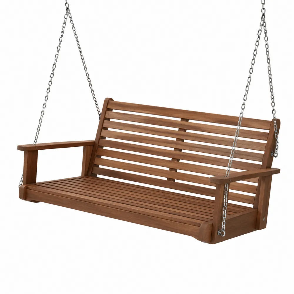 Drewniana huśtawka ogrodowa wisząca z podłokietnikami, 150 cm