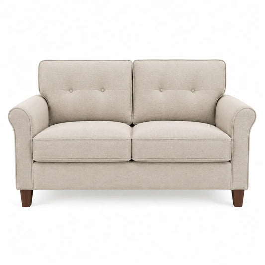 Dwuosobowa sofa z lnu z drewnianymi nogami, beżowa