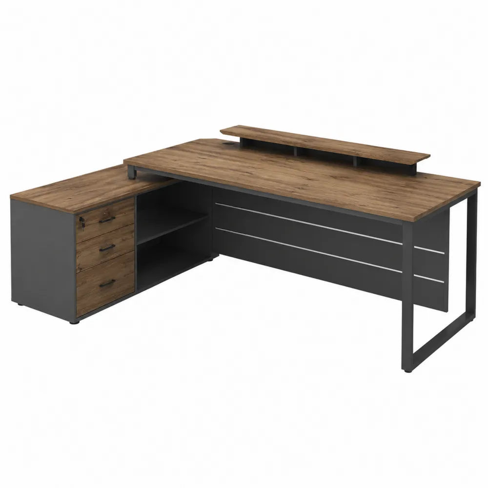 Biurko narożne stalowe MDF czarno-dębowe 150x120x75 cm