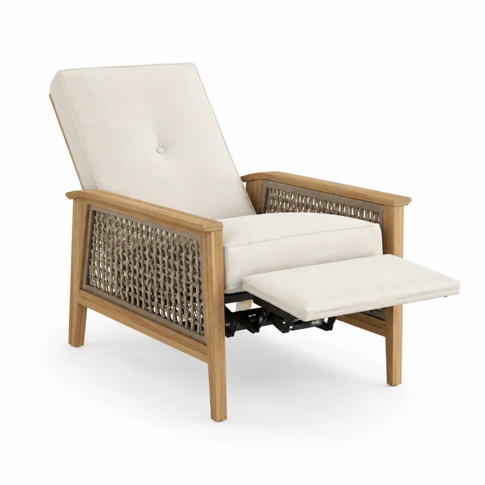 Fotel rozkładany z drewna teak i technorattanu, kremowy, 74x98x89 cm