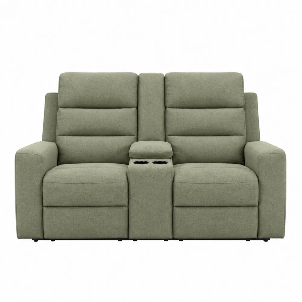 Zielona sofa z tkaniny z uchwytami na kubki, dwumiejscowa