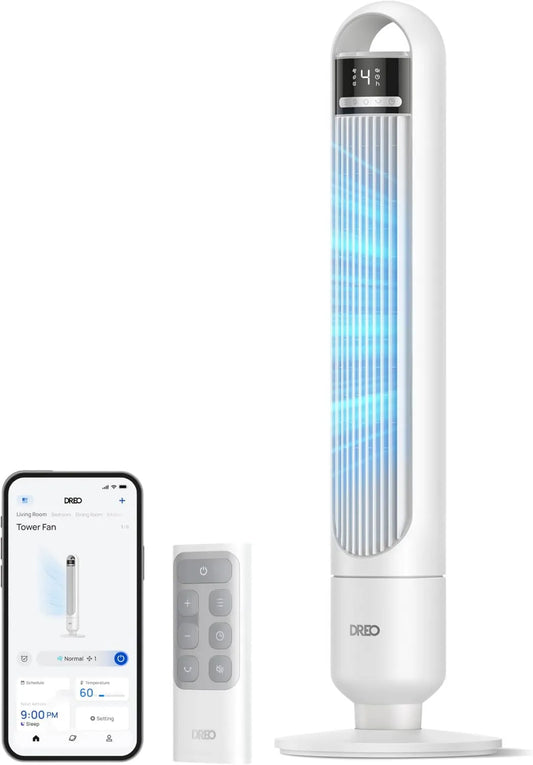 DREO, Google wentylator, 28 dB, minutnik, oscylacja w 90 °, tłumik, asystent Google, Alexa i Siri, zakres powietrza do 8, 8 m