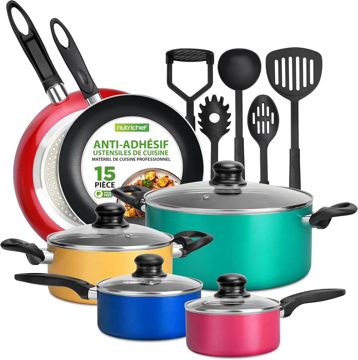 NutriChef, naczynia kuchenne, panteatr i bateria, Bateria kuchenny kuchni Nutric Non- stick 15 sztuk PFOA / PFOS - wolne