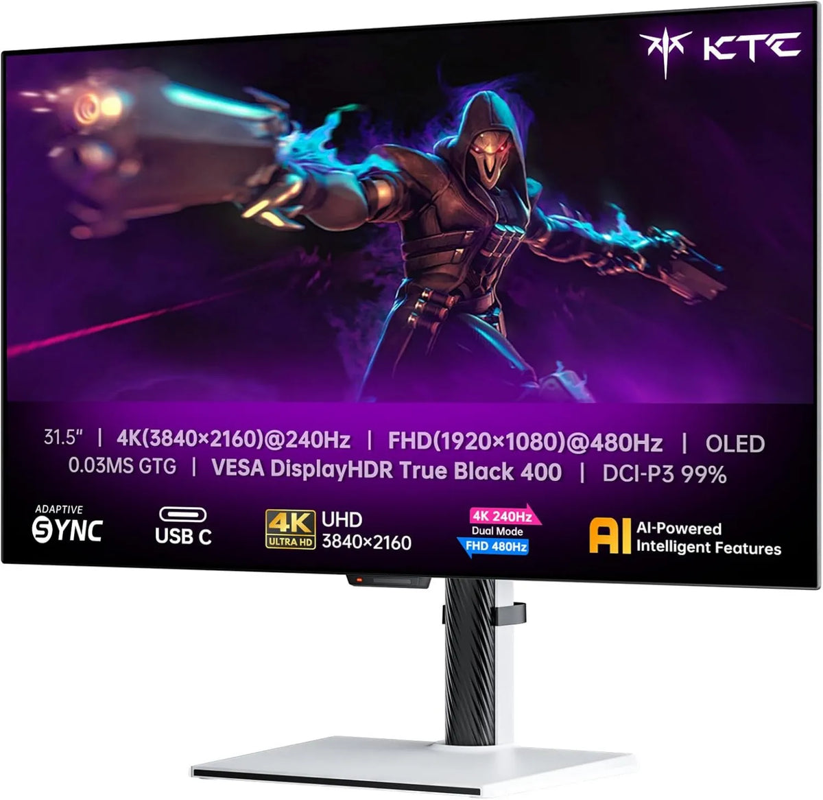 KTC monitor komputerowy, Monitor, 32 cali, 03 ms, 240 Hz, 3 USB, HDR, 4K UHD, OLED, HDMI, ekran PC, czarny, czas reakcji 0, DP 1, USB C 65 W, ekran PC Gamer Double Tryb