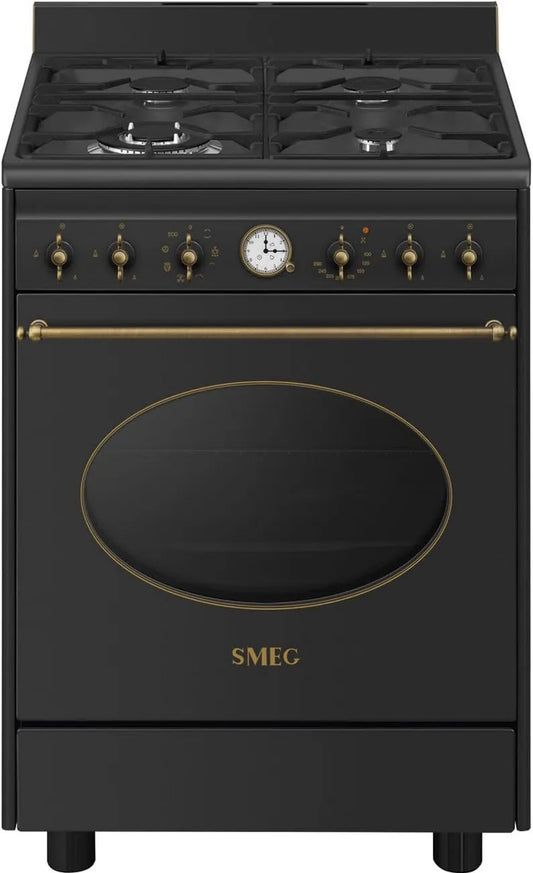 Smeg kuchenka z piekarnikiem, CO60GMAN2 Gaz z piekarnikiem elektrycznym, 60 cm, 4 pola grzewcze, klasa Eenergy, para, 4 pożary, kolonialne estetyki, czyszczenie