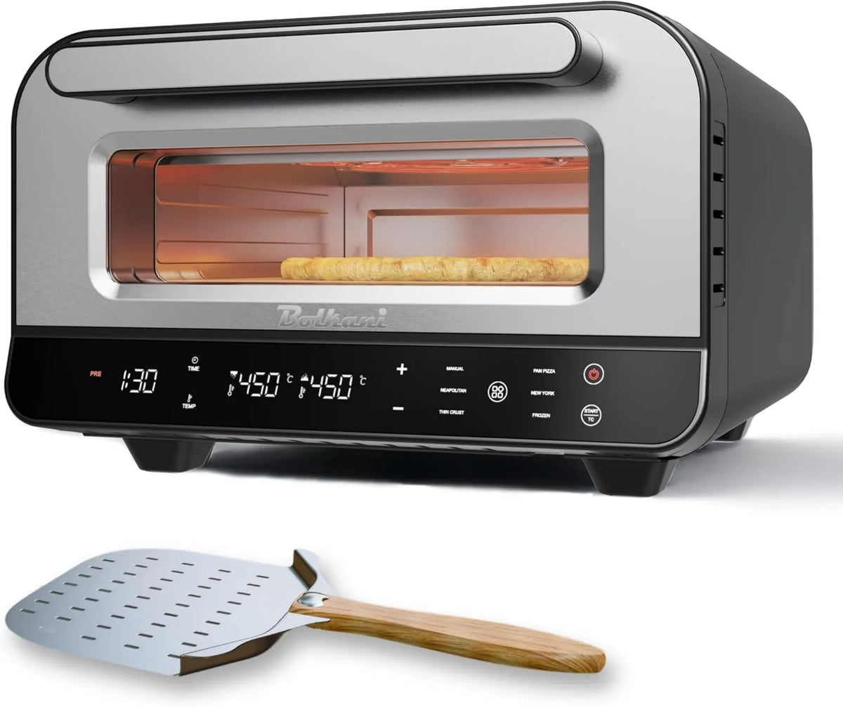 Piec do pizzy, 1700 W, 32 cm, timer, Elektryczny piec do pizzy z kamieniem do pizzy i łopatką do pizzy, 450 °C do chrupiącej pizzy w ciągu 2 minut