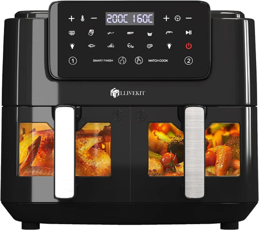 Frytkownica, 4,5 l, timer, sterowanie dotykowe, LLIVEKIT Frytkownica na gorące powietrze Dual Zone z okienkiem, z ustawieniami gotowania 9 w 1