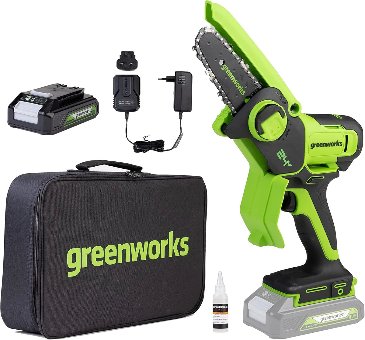 Greenworks pilarka łańcuchowa, 10 cm, 7,8 m, zasilanie akumulatorowe, Mini piła łańcuchowa 24 V 4 cale, elektryczna piła łańcuchowa 7,8 m/s