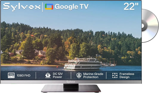 Telewizor Smart TV, Full HD, 1080P, łączność Bluetooth, Sylvox 22' Smart Google TV do Kampera, Telewizor 12V Full HD 1080P z Wbudowaną Odtwarzarką DVD