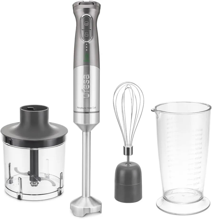 Ufesa blender ręczny, Mikser, USB, Szkło Doser 700 ml, Chusteczka 500 ml, Bateria 2000 mAh, 4 Ostrza, 5 prędkości