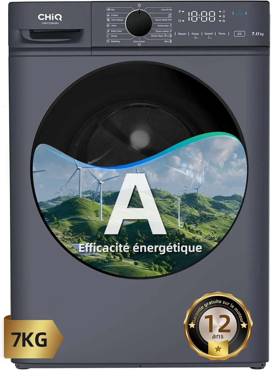 CHiQ pralka, CW07123863AX, 33 cm, 7 kg, 76 dB, klasa energetyczna A, dotyk, Inwerter, szary, Szybki Mycie 15 min, Inteligentny Myj Unikalny dotyk, 465 mm