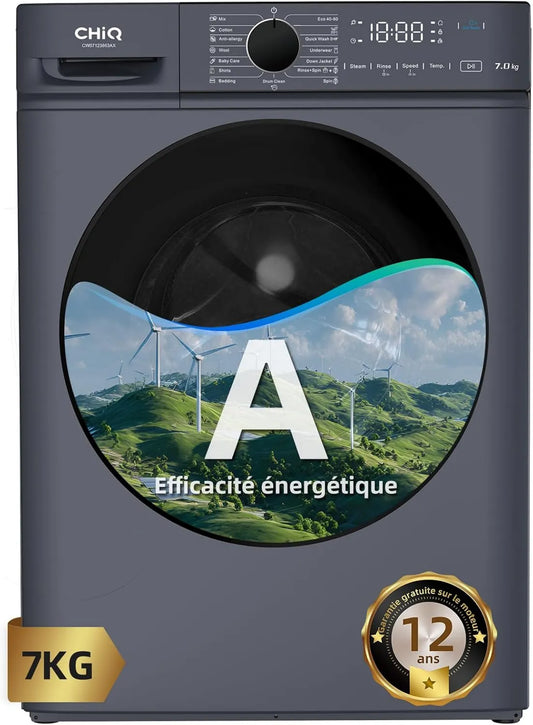 CHiQ pralka, CW07123863AX, 33 cm, 7 kg, 76 dB, klasa energetyczna A, dotyk, Inwerter, szary, Szybki Mycie 15 min, Inteligentny Myj Unikalny dotyk, 465 mm