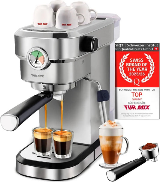 Turmix automatyczny ekspres do kawy, Ekspres do kawy, 16, 9 cm, 1, 1 l, 1350 W, duży zbiornik, para, cappuccino i inne napoje mleczne, 1350 W i kubki do espresso