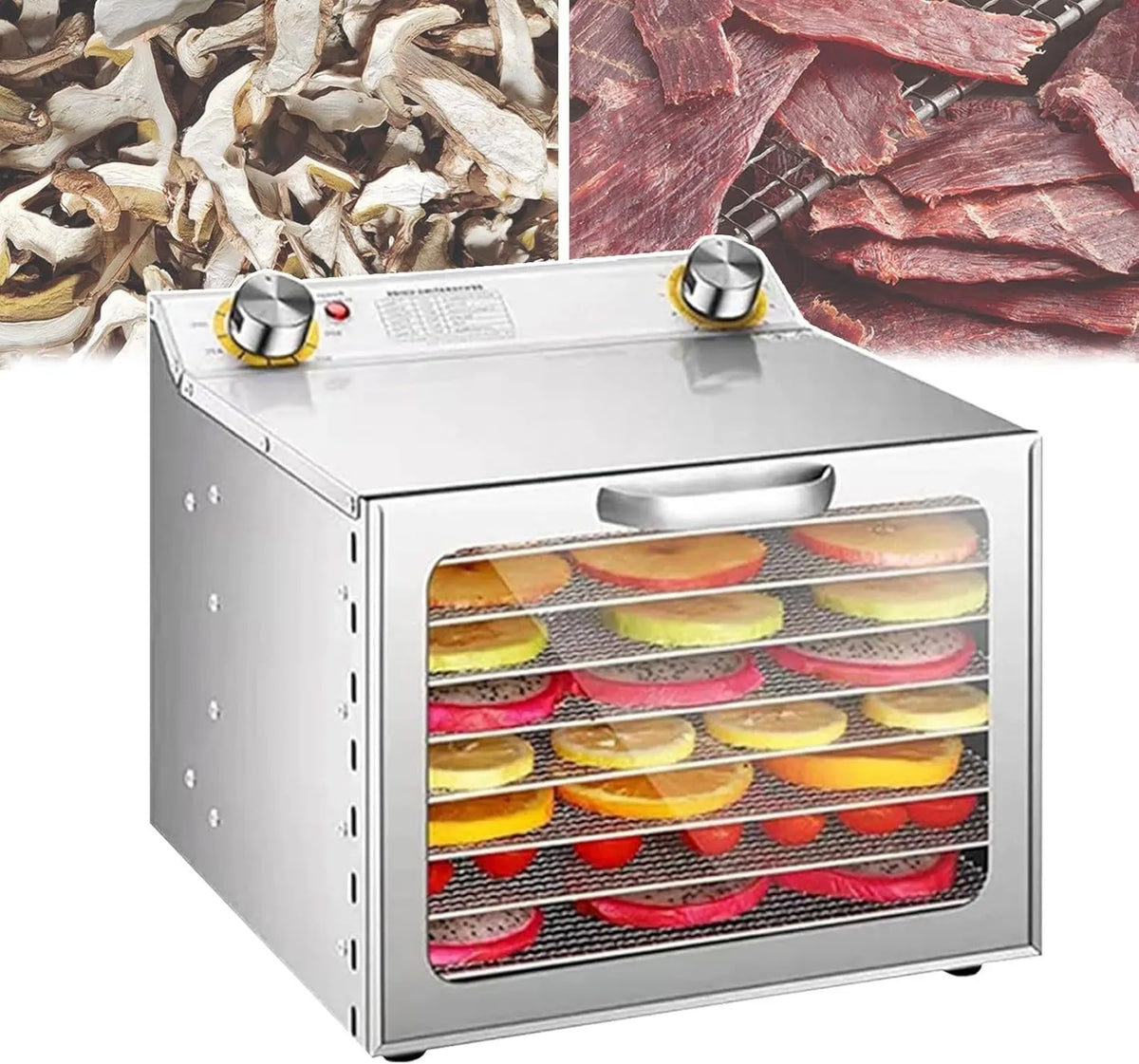 HTDRE suszarka do żywności, suszarka, dehydrater żywności, 1000 W, 30 do 90°C, profesjonalny, 2 strefy temperatury, stal nierdzewna, do suszenia mięsa