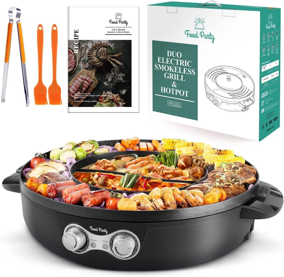 Grill elektryczny, 220 V, 2200 W, 42 cm, funkcja grilla, Food Party Hot Pot i grill elektryczny hotpot grill elektryczny 2 w 1
