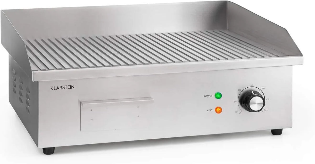 KLARSTEIN grill elektryczny, 5 x 35 cm, Grillmeile Pro: Płyta elektryczna z żeliwa, 50- 300°C, 3000 W 3000R, 54, profesjonalny z tarczami rozpryskowymi, stal nierdzewna